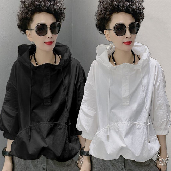 여성 캐주얼 패션 5부 반팔 후드티 시원한 여름 바람막이 빅사이즈 얇은 박스티