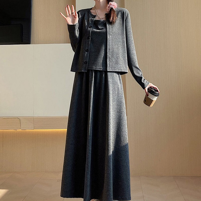 슬림소녀 여성용 캐주얼 세트 스판 숏가디건 끈 민소매 밴딩 롱스커트 쓰리피스세트