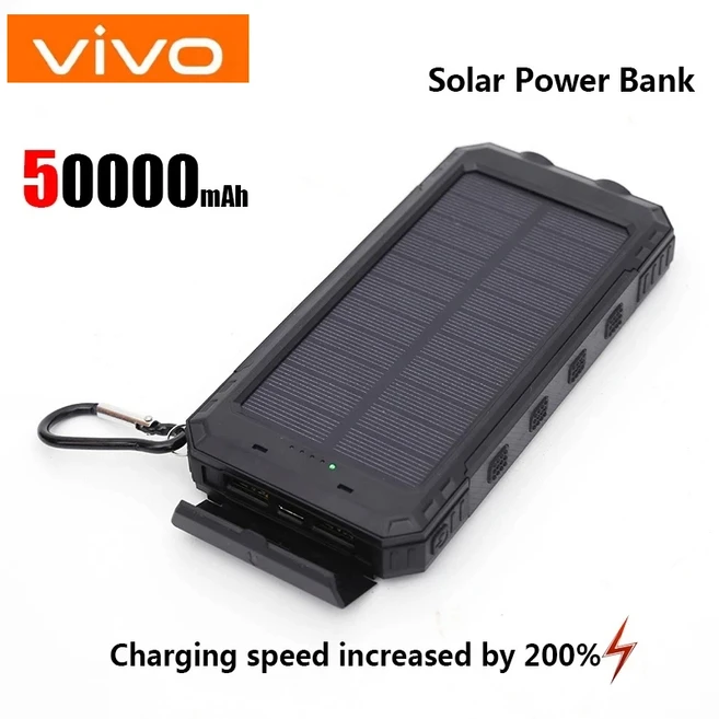VIVO 방수 태양광 보조배터리 50000mAh 듀얼 USB 여행용 휴대폰 충전기 캠핑용, 01 Black 50000mAh