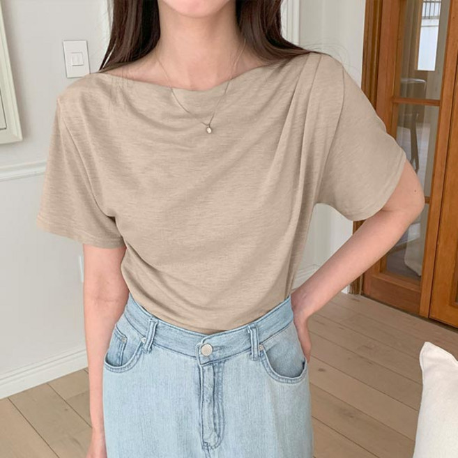 마이쏭 여성 루즈핏 여리여리 보트넥 드레이프 셔링 드레이프입술넥반팔티