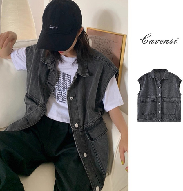 Cavensi 韓版寬鬆無袖牛仔背心