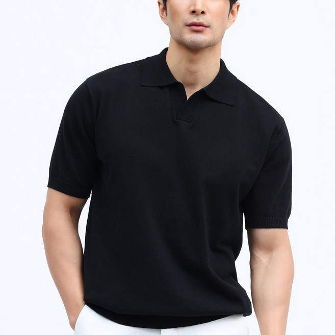 글리멜로 남자 여름 무지 오픈 카라 니트 반팔 티셔츠