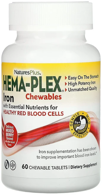NaturesPlus Hema-Plex 철분 츄어블 믹스 베리 맛 츄어블 정 60정, NaturesPlus Hema-Plex 철분 ..., 1개 - 쿠팡