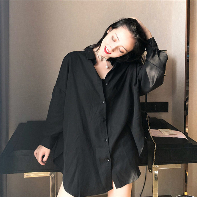 黑色長袖寬鬆襯衫女