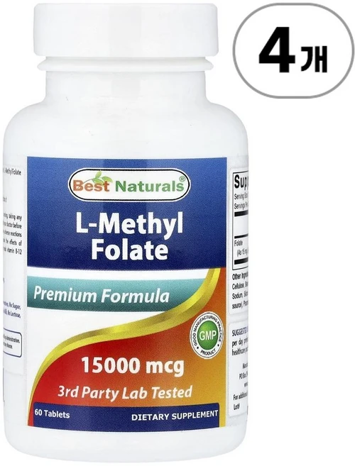 베스트 네추럴스 L-메틸 폴레이트(활성엽산) 25 000mcg Best Naturals L-Methyl Folate 25 000 mcg 60정, 4개 - 쿠팡