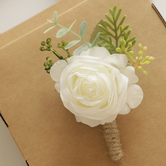 봄부쿠 조화 코사지 남자 부토니에 행사용 꽃사지, 1개, 화이트