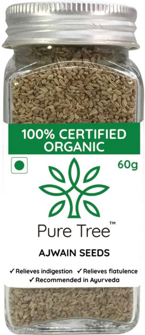 인도 Pure Tree 인증 유기농 캐롬 씨앗 Carom Seeds 유리병 아즈와인 씨앗, 60g, 1