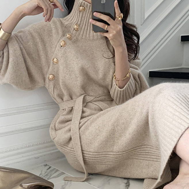 [위드기프트] 럭셔리 금장버튼 하이넥원피스