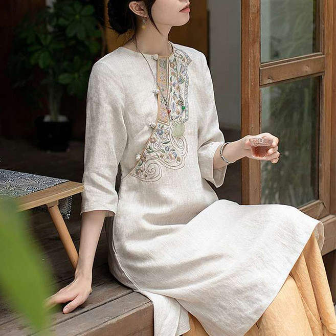 中國風 復古刺繡 棉麻連衣裙 茶服 女裝, 麻色