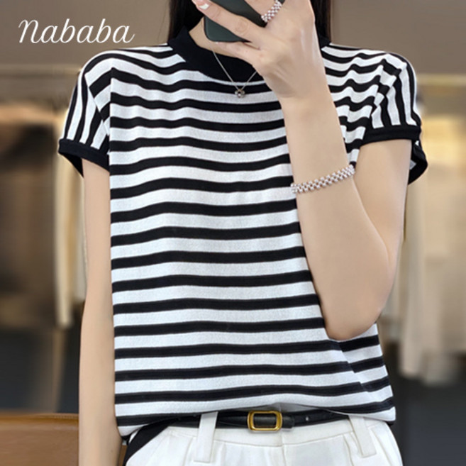 나바바 NK1468 여성 심플 무지 라운드넥 캡소매 니트티