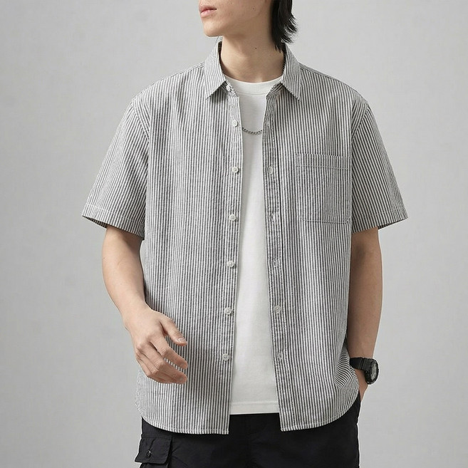 DUKEEN 남성 여름 스트라이프 코튼혼방 반팔셔츠 캐주얼 데일리룩 남성셔츠