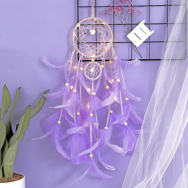 生活市集 24H台灣現貨 精靈夜燈捕夢網 牆壁掛飾 房間佈置 婚禮露營, 紫色+燈串【精靈捕夢網】