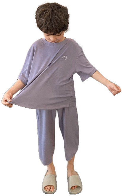 萱寶媽咪baby童裝館 韓版兒童夏季涼感家居服 日系童裝中大童套裝 兩件套套裝睡衣套裝兒童短袖套裝空調服薄款透氣舒適童裝冰絲套裝萱寶媽咪