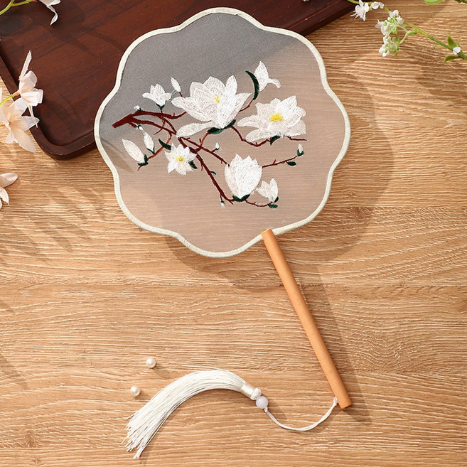 팬 반투명 긴 핸들 술 댄스 여성 의상 자수 작은 라운드, A8, 1개