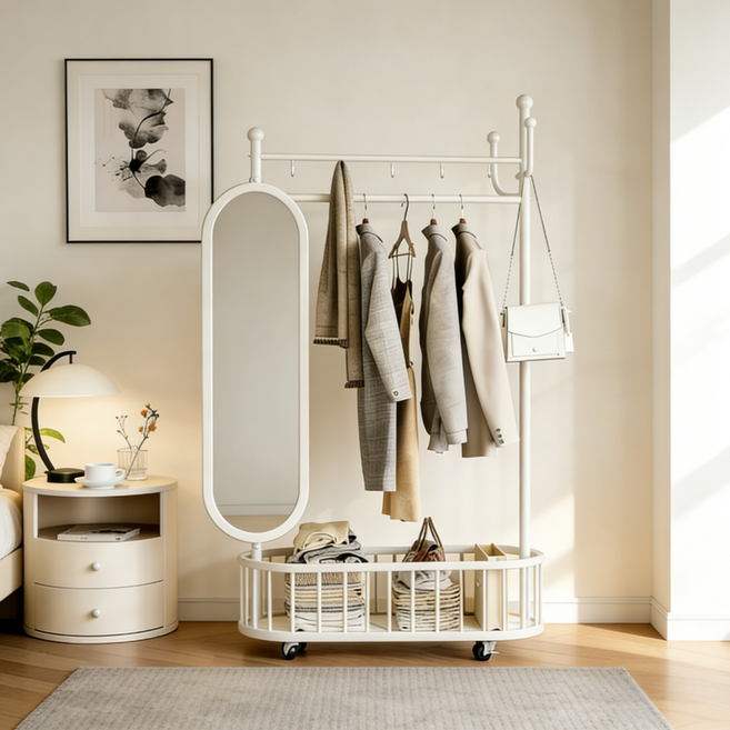GOOD MOMENT 이동식 튼튼한 스탠드 조립식 거울 옷걸이 행거, 2단, 화이트