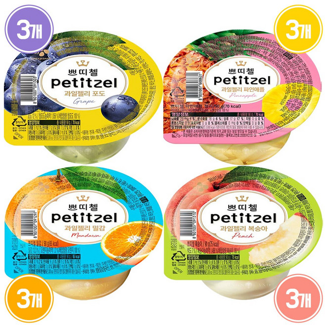 CJ 쁘띠첼 과일젤리 포도90gx3+복숭아90gx3+밀감90gx3+파인애플90gx3, 12개, 90g
