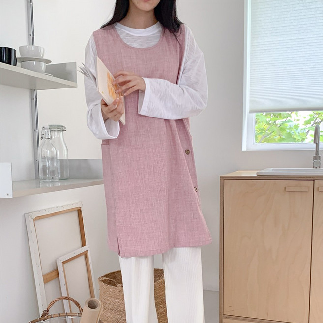 파티굿즈 구김적은 린넨 앞치마 빅사이즈 유치원 어린이집 교사, 핑크