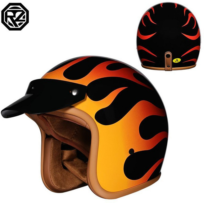 RZ 復古3/4機車頭盔 踏板車頭盔, 1個, 亮黑火焰M