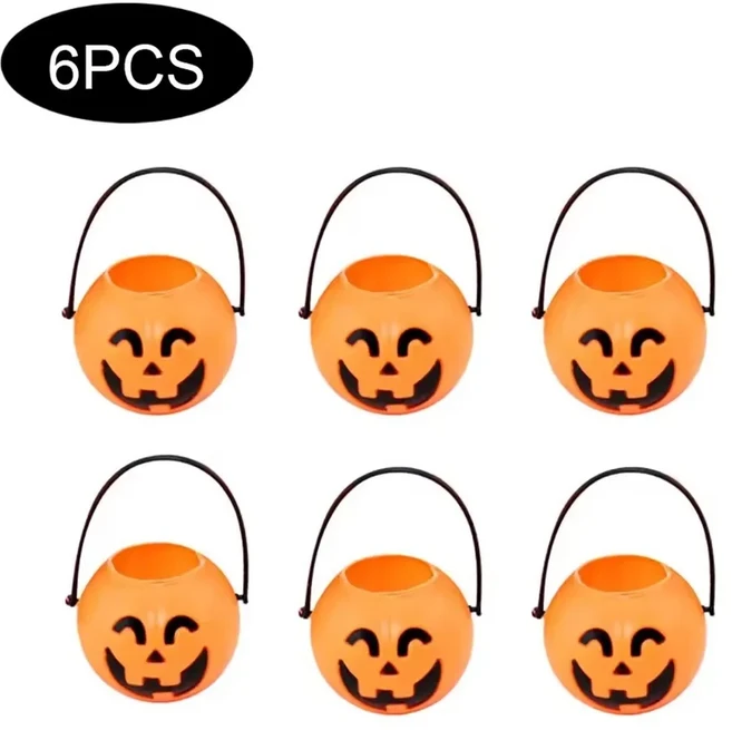 6/12pcs 할로윈 마녀 냄비 장식 미니 검은 색 플라스틱 호박 간식 양동이 사탕 바구니 트릭 오어 트리트, 04 6PCS Orange