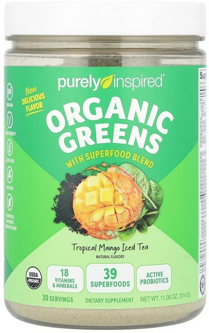 Purely Inspired 유기농 녹색 채소 슈퍼 푸드 혼합물 함유 트로피컬 망고 아이스티 314g(11.08oz) Inspired (퓨얼리 인스파이어드), 314 g, 314g, 1개 - 쿠팡