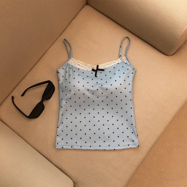 Asure 여성 도트 리본 레이스 디자인 이너웨어 민소매 끈나시