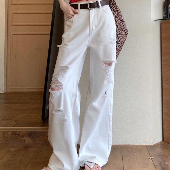 COSYEVNO 여성 와이드 데님 팬츠 가을 패션 하이웨스트 디스트로이드 통바지 lyjnzk08