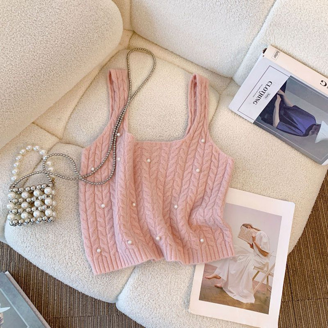 여성 패션 레이어드 조끼 사계절 캐주얼 기질 비즈 니트 뷔스티 코디용 민소매 베스트 슬림핏 숏 나시 상의 WMY