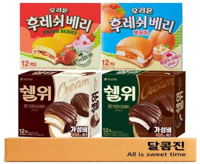 [달콤진] 오리온 후레쉬베리 딸기 12p + 후레쉬베리 복숭아 12p + 쉘위 클래식 12p + 쉘위 카카오 12p, 1세트, 1.488kg