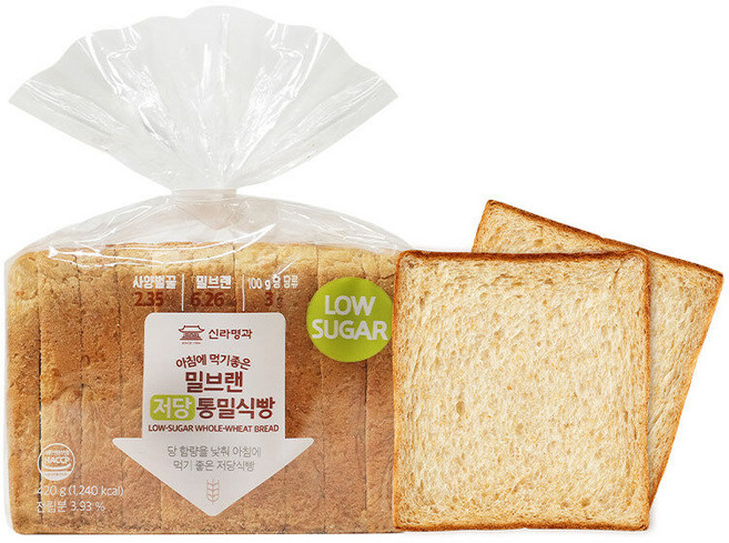 [신라명과] 아침에 먹기 좋은 밀브랜 저당 통밀식빵 420g x2, 2개