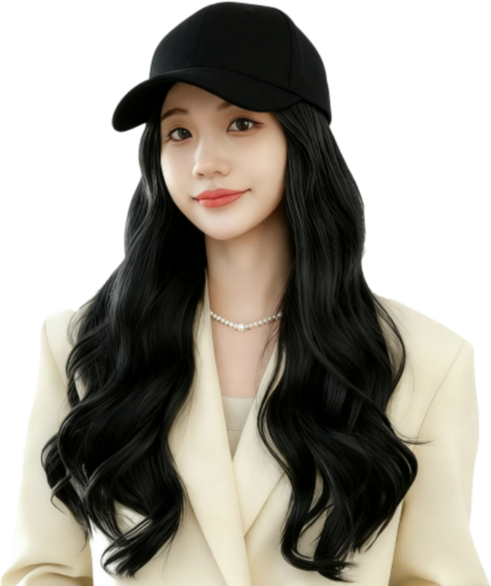 상덕 모자 전체가발 + 가발망 요즘유행 여성통가발, 1개, 검은색 모자, 검은색 곱슬머리