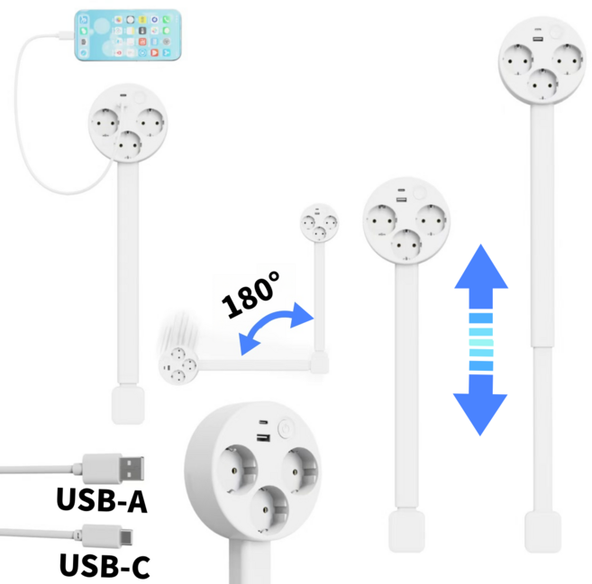 180도 회전 납작 슬림 멀티탭 20W USB 고속충전 가구 쇼파뒤 연장콘센트, 원형 일반 콘센트, 1개