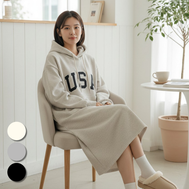핏몬 여성 기모 오버핏 후드 USA 레터링 롱 원피스