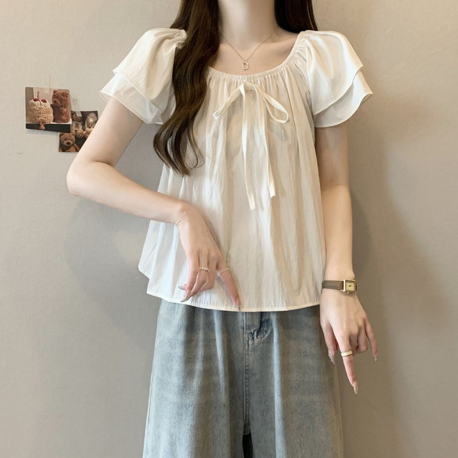 韓版 短袖襯衫 女上衣 蝴蝶結寬鬆露肩襯衫