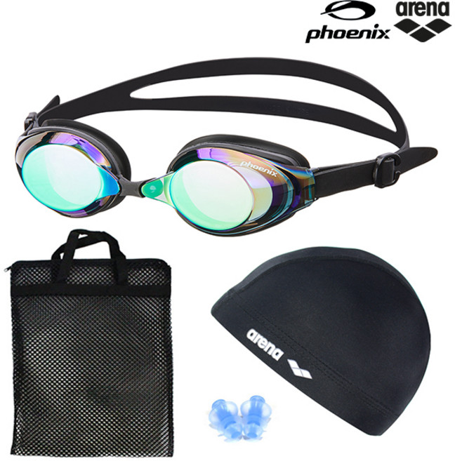 피닉스 코모도 미러수경 PN-1200M 물안경 스판수모 가방 귀마개 4종 세트, 미러수경(그린)+스판수모(블랙)+망사가방(블랙)+귀마개(랜덤), 1개