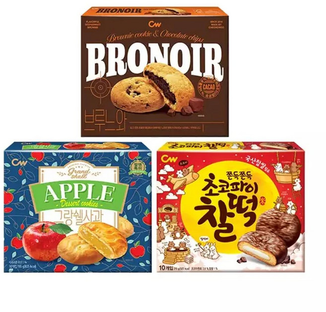 청우 파이 3종 (그랑쉘사과 195g+브루느와 165g+초코파이찰떡 215g) 1세트, 195g