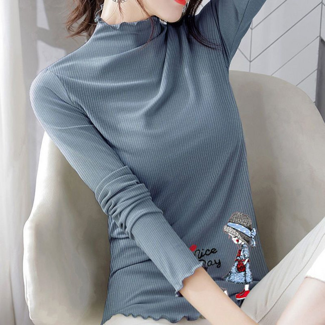 봄 가을 여성 반폴라 긴팔티 빅사이즈 슬림핏 얇은 반목 이너 목폴라티 캐주얼 여자 긴팔 티셔츠 YJW