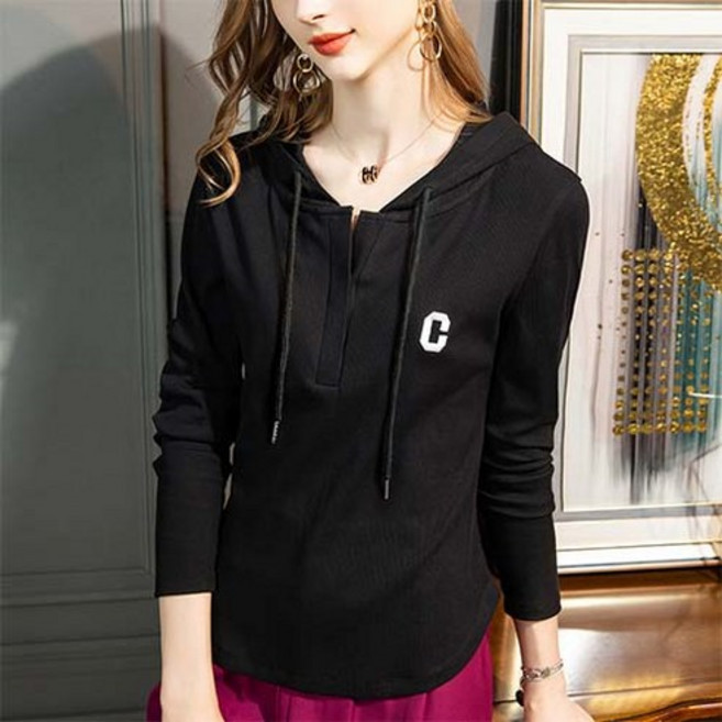 데일로엔 여성용 C자수 후드 맨트맨 긴팔 티셔츠