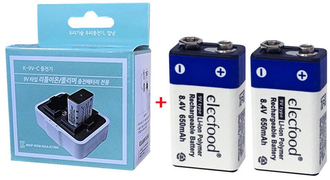 K-9V깜냥충전기1개+리튬이온9V충전건전지2개/무료배송, 1개