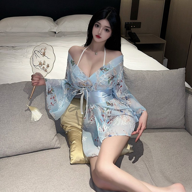 DFMEI 性感內衣女和服浴袍印花蝴蝶結性感睡衣魅力和服套裝