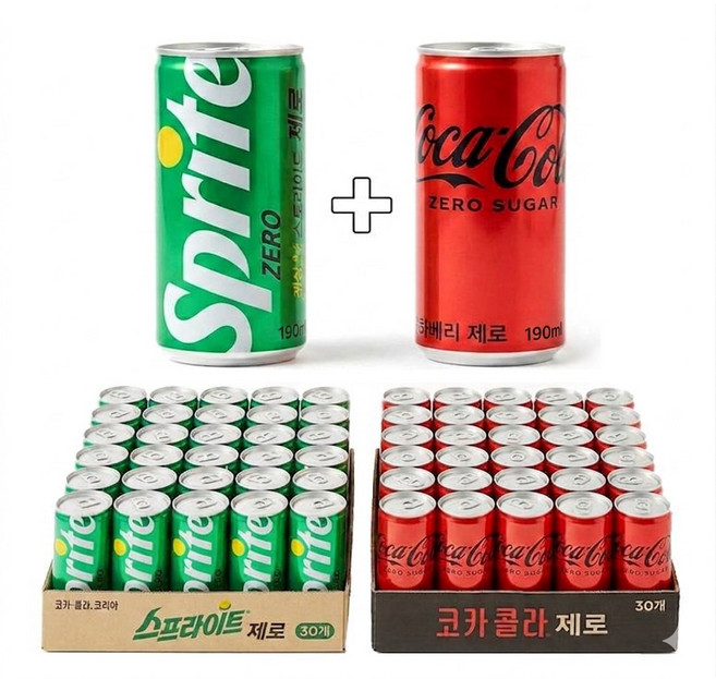 코카콜라 제로 190ml 30개 + 스프라이트 제로 190ml 30개, 60개