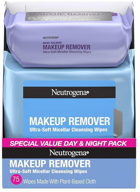 Neutrogena 데이 앤 나잇 와이프 세트: 메이크업 리무버 페이스 클렌징 티슈 & 나이트 카밍 25매 * 총 75매 알코올 프리 노폐물 오일 제거, Neutrogena 데이 앤 나잇 와이프 세트: 메이크