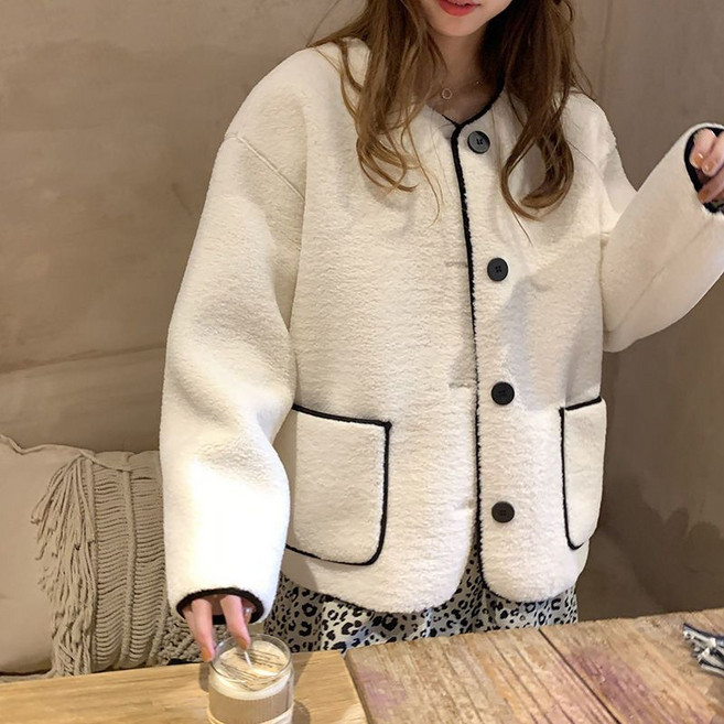 羊羔絨外套女款 韓版寬鬆拼色明線圓領長袖上衣