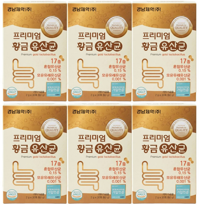 경남제약 프리미엄 황금 유산균 모유유래유산균 프롤린 락토바실러스 17종 혼합유산균 분말 가루 스틱 30포 x 5통, 6개, 60g