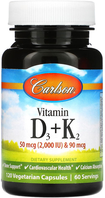 칼슨 비타민D3 플러스 K2 50mcg 2000IU 90mcg 베지캡슐 120정, 4개