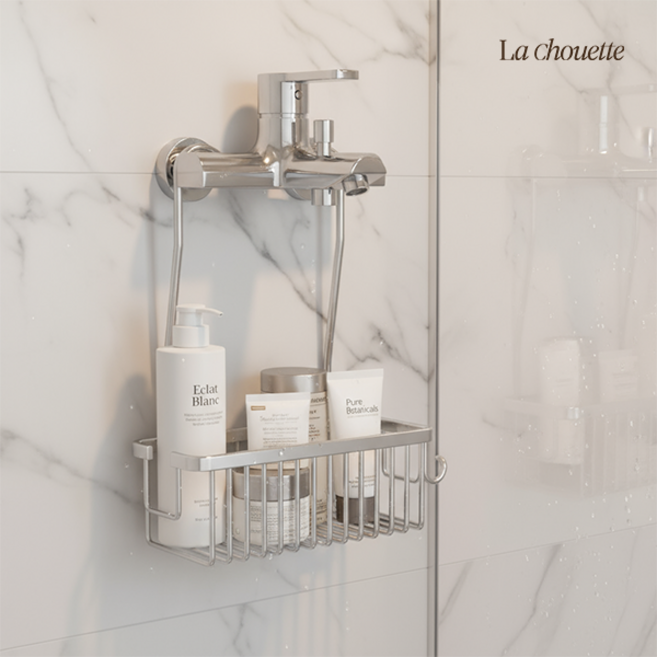 라슈에뜨 무타공 수전 걸이 수납 샤워기 수전 걸이 욕실 디스펜서 선반 수납함, 메탈실버, 1개