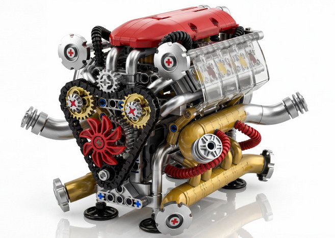 LIUlu 相容樂法拉力 V8 機械引擎 電動動力組積木模型, 1個, 法拉力V8發動機 帶動力組  1盒