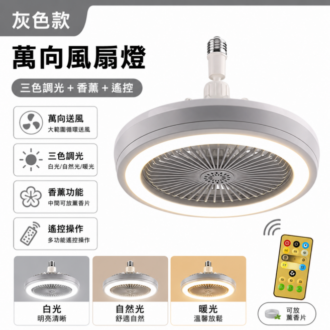 吸頂風扇燈 萬向風扇燈 智能風扇燈 家用風扇燈 LED萬向燈 吊頂風扇燈 擺攤燈 夜市風扇燈 遙控風扇燈, 旗艦款【燈頭可轉可拆】+遙控+灰色香薰+三色, 1個