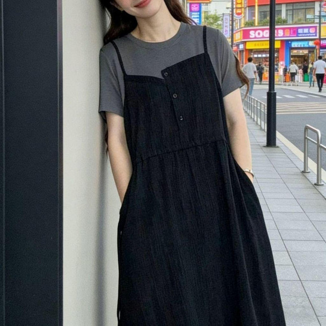 胖大碼中長款拼接假兩件寬鬆裙女夏季設計感連衣裙 副廠產品, 黑色