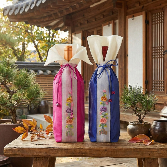 전통주 보자기 술병 와인 포장 주머니 전통 술주머니, 2개, 꽃자수_네이비+핫핑크