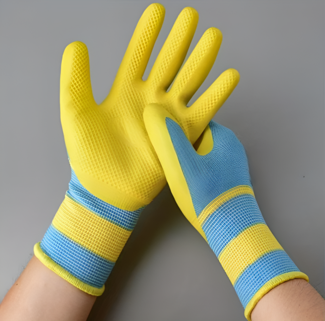 고탄성 미끄럼 방지 작업 장갑 두꺼운 내마모 엠보싱 그립 산업용 보호 장갑 5쌍세트, 5세트, 블루&옐로우